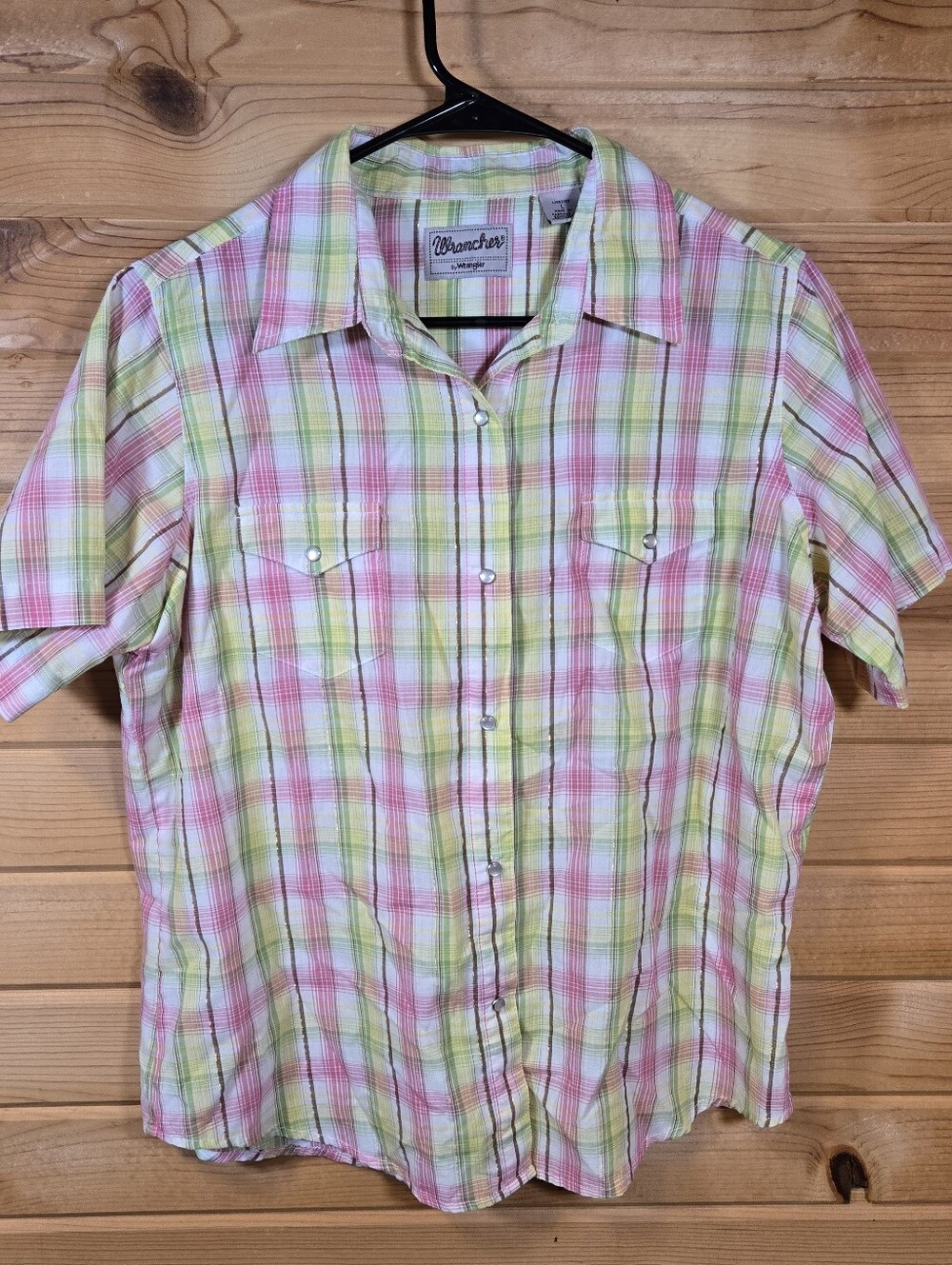 Wrangler Wrancher Women's Pearl Snap Top Large Pink Plaid Short Sleeve Western